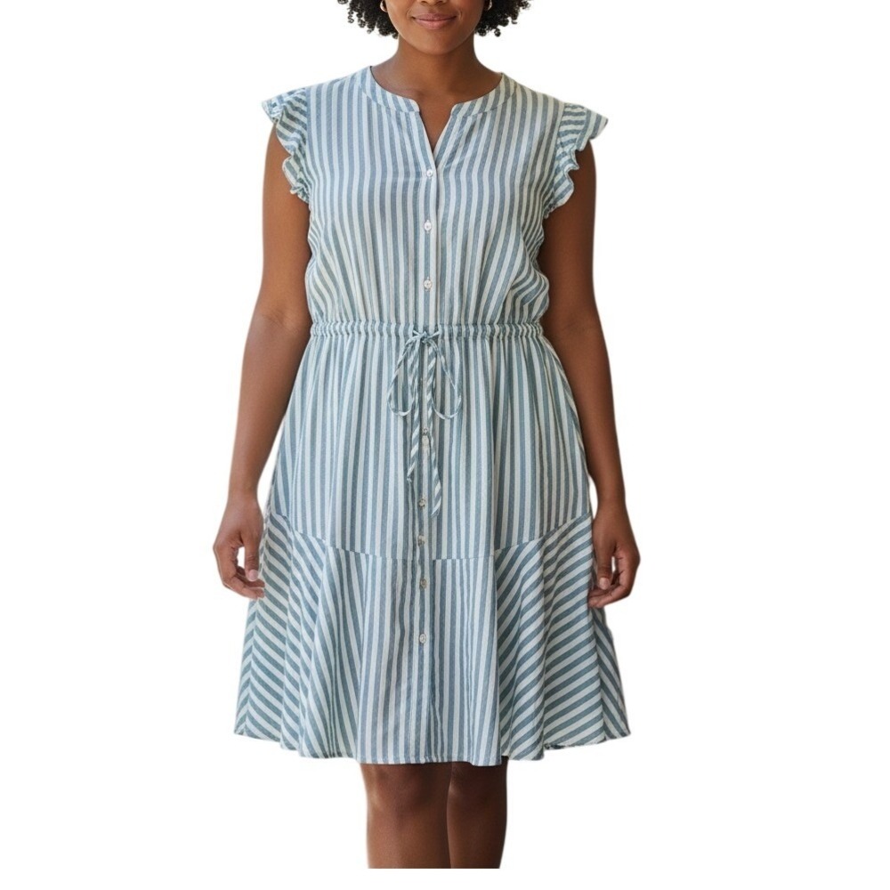 Heyson 1XL Blue White Stripe Dress Ruffle Sleeve Button Front Tie Waist Boho NWT